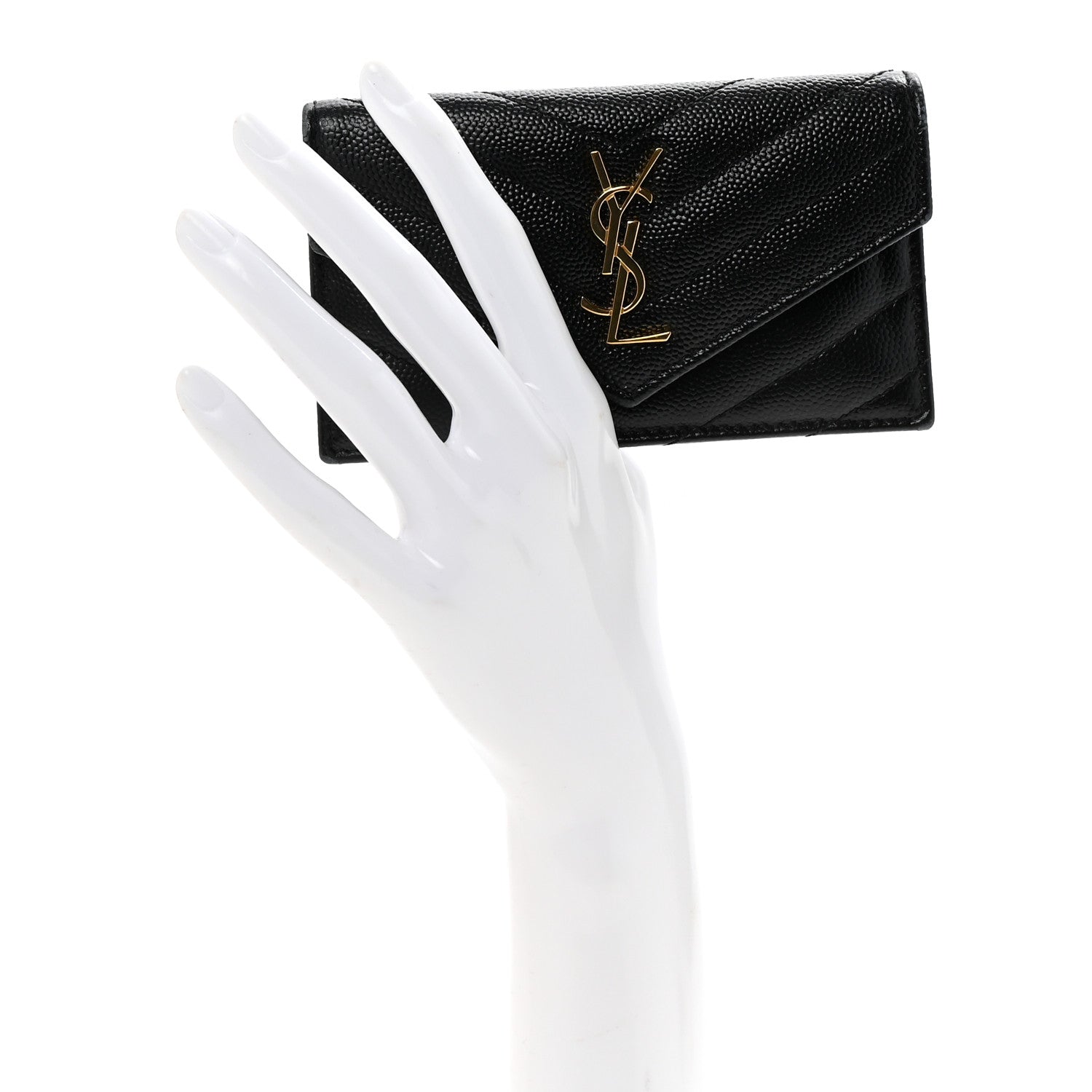 Saint Laurent Grain De Poudre Matelasse Chevron Monogram Compact Wallet Black 2 of 7