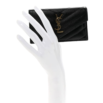 Saint Laurent Grain De Poudre Matelasse Chevron Monogram Compact Wallet Black 2 of 7