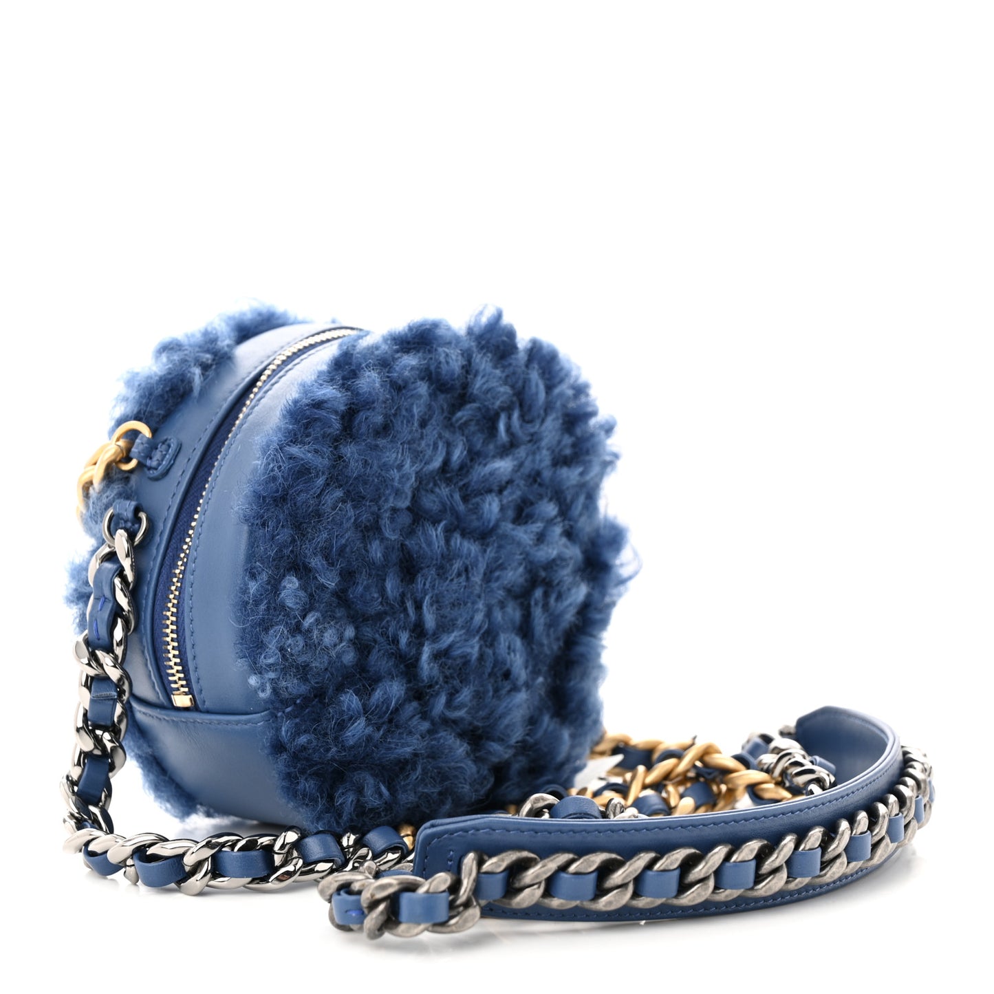 Shearling Sheepskin Chanel 19 Round Clutch With Chain Blue