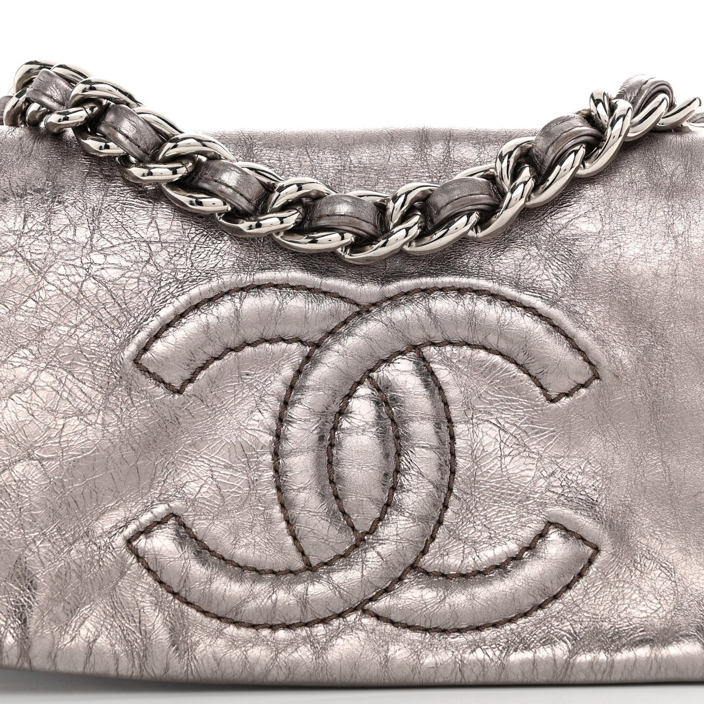 Metallic Cracked Calfskin Modern Chain Flap Bag Dark Silver