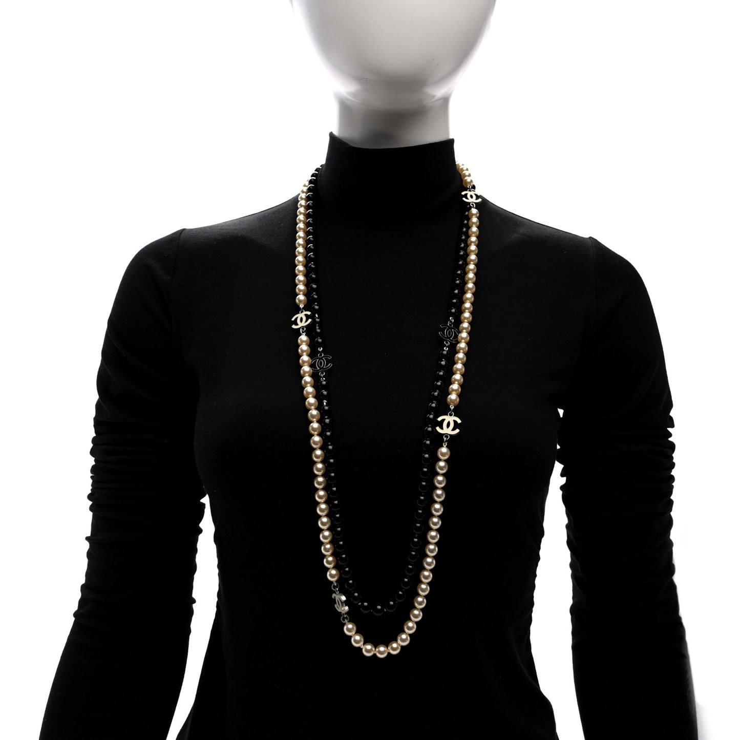 Ruthenium Pearl Beaded Enamel CC Long Necklace White Black