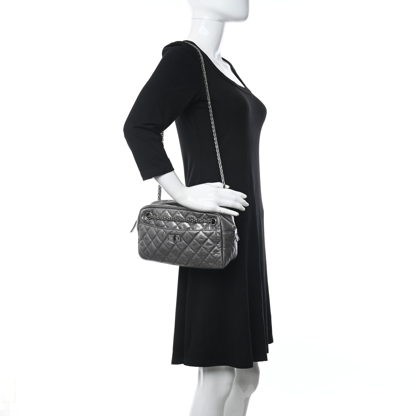 Metallic Aged Calfskin Quilted Medium Reissue Camera Case Dark Silver