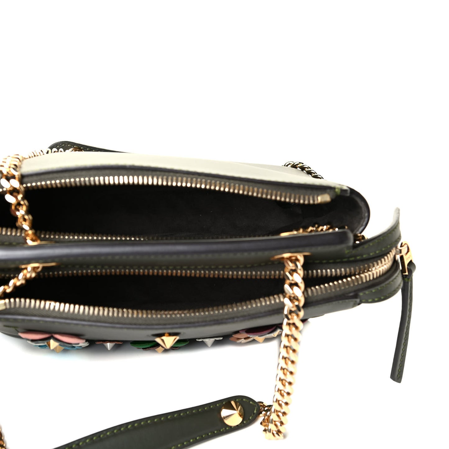 Vitello Baltico Nappa Flowerland Studded Small Dotcom Click Chain Satchel Verde Prato Multicolor