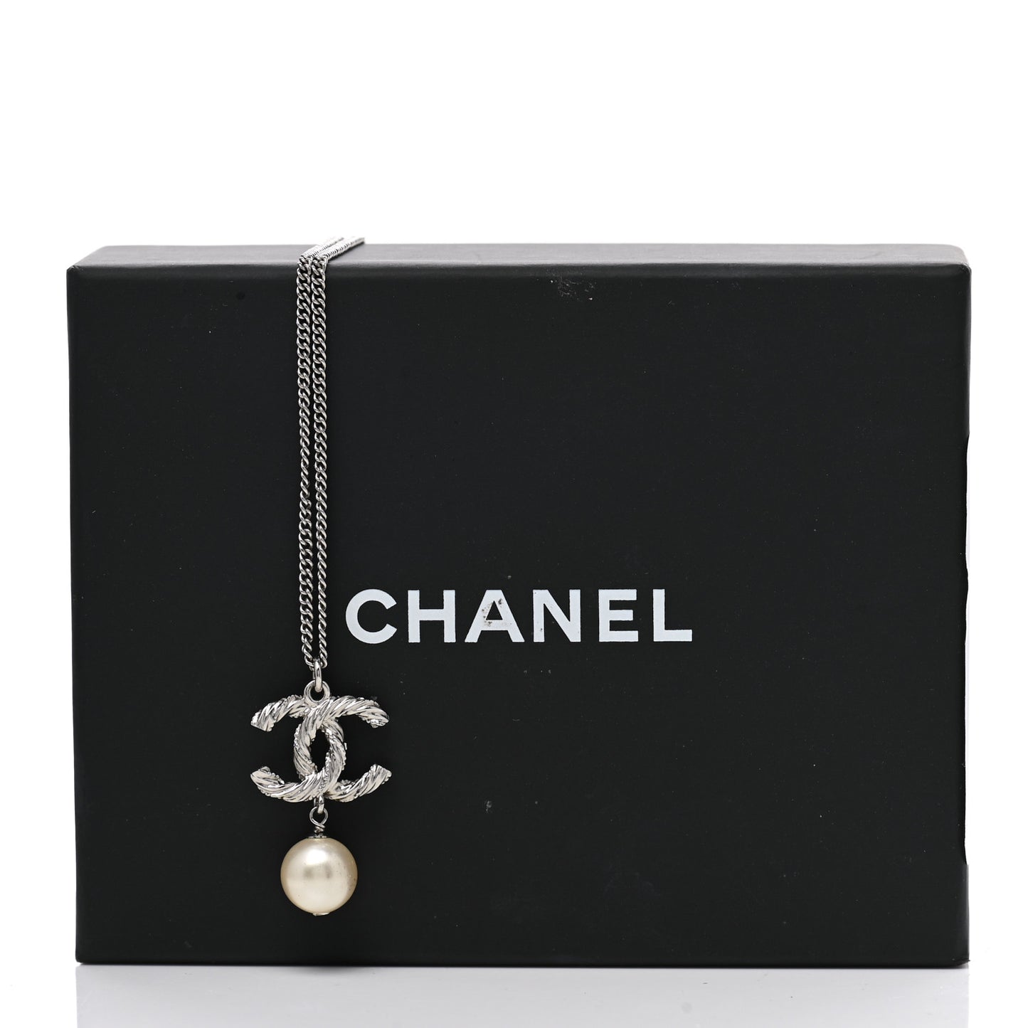 Crystal Pearl Twisted CC Drop Necklace Silver