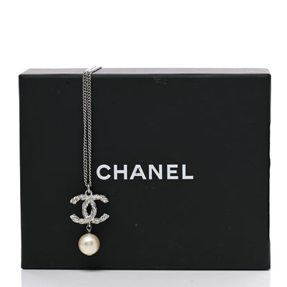 Chanel Crystal Pearl Twisted CC Drop Necklace Silver 5 of 5