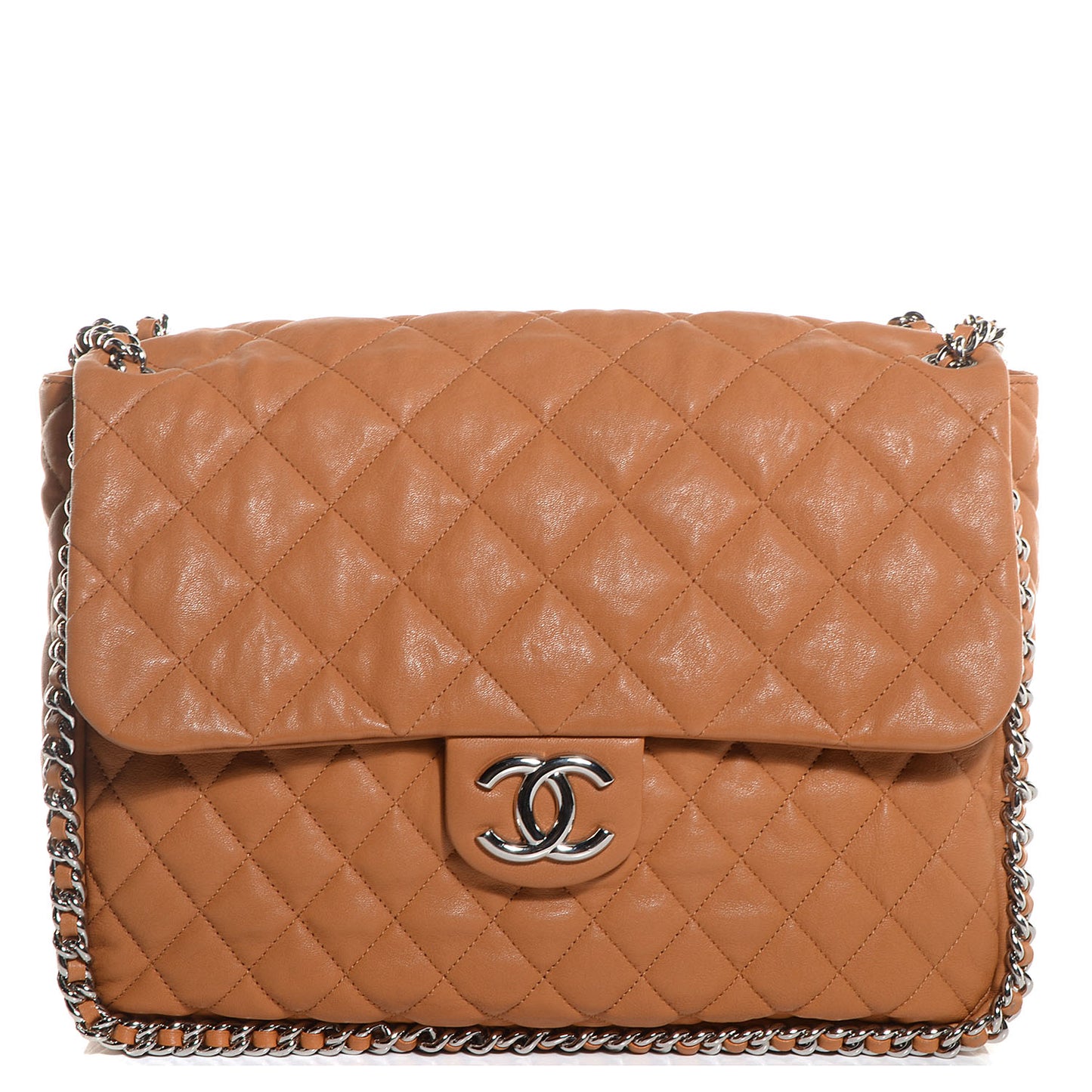 Washed Lambskin Chain Around Maxi Flap Bag Dark Beige