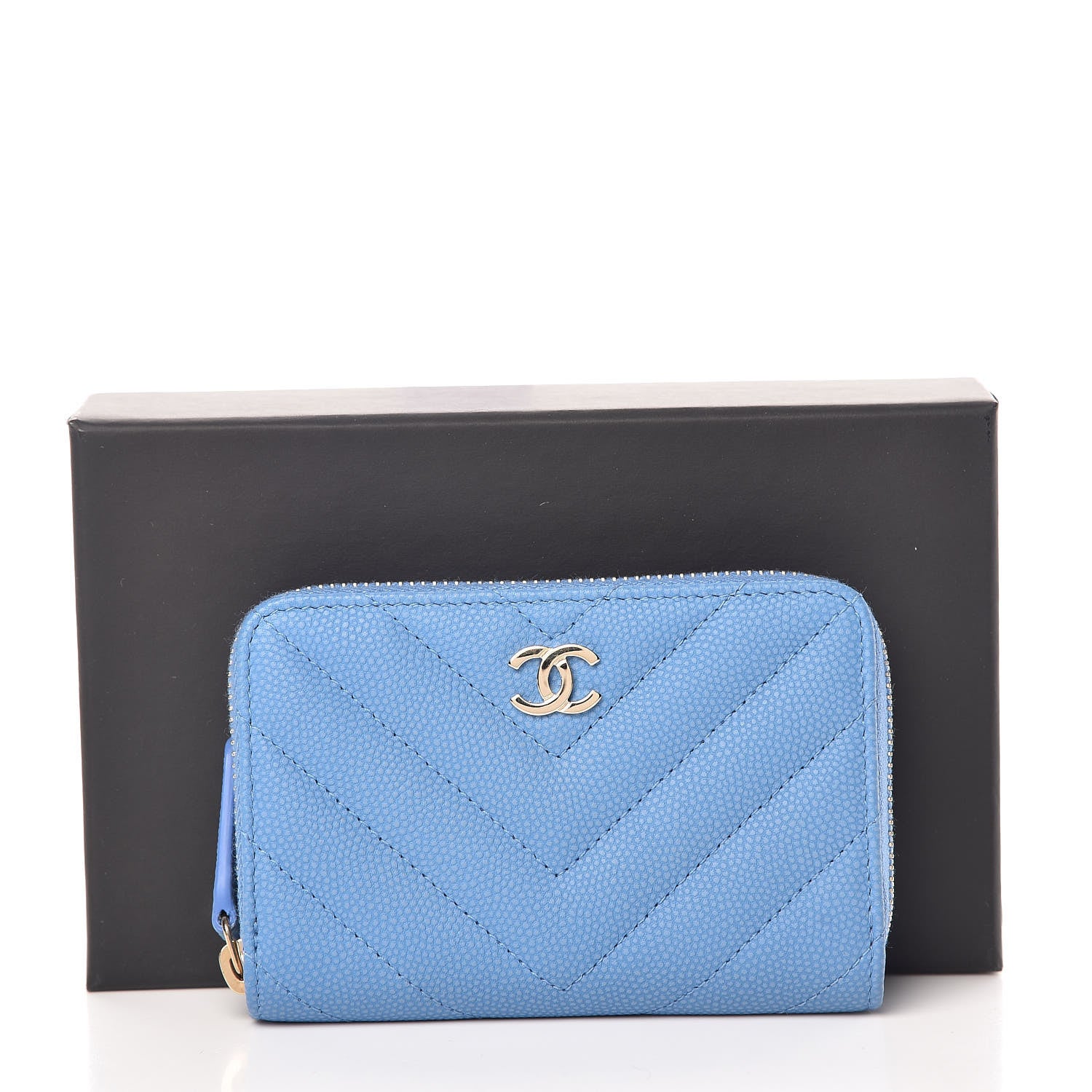 Chanel Caviar Chevron Quilted Zip Coin Purse Blue 8 of 8