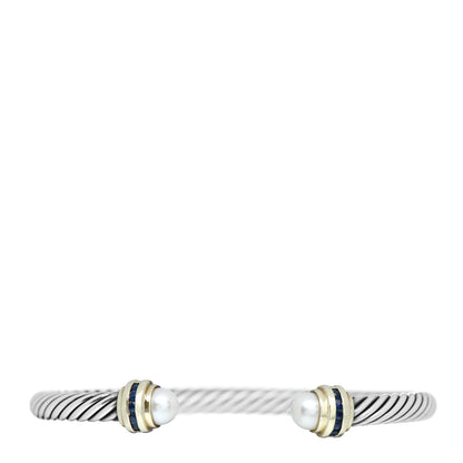 David Yurman Sterling Silver 14K Yellow Gold Pearl Blue Sapphire 5mm Cable Classics Bracelet 1 of 4