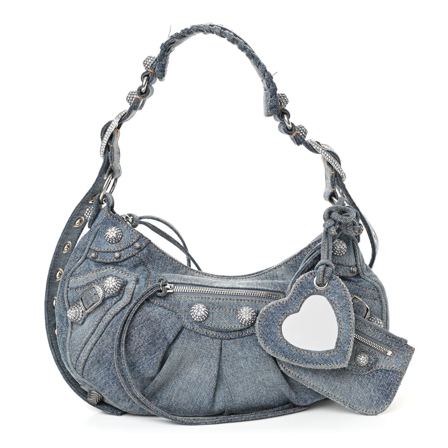 Washed Frayed Denim Crystal Small Le Cagole Shoulder Bag Blue