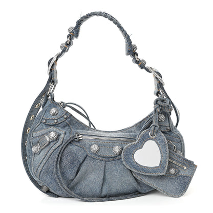 Balenciaga Washed Frayed Denim Crystal Small Le Cagole Shoulder Bag Blue 1 of 13