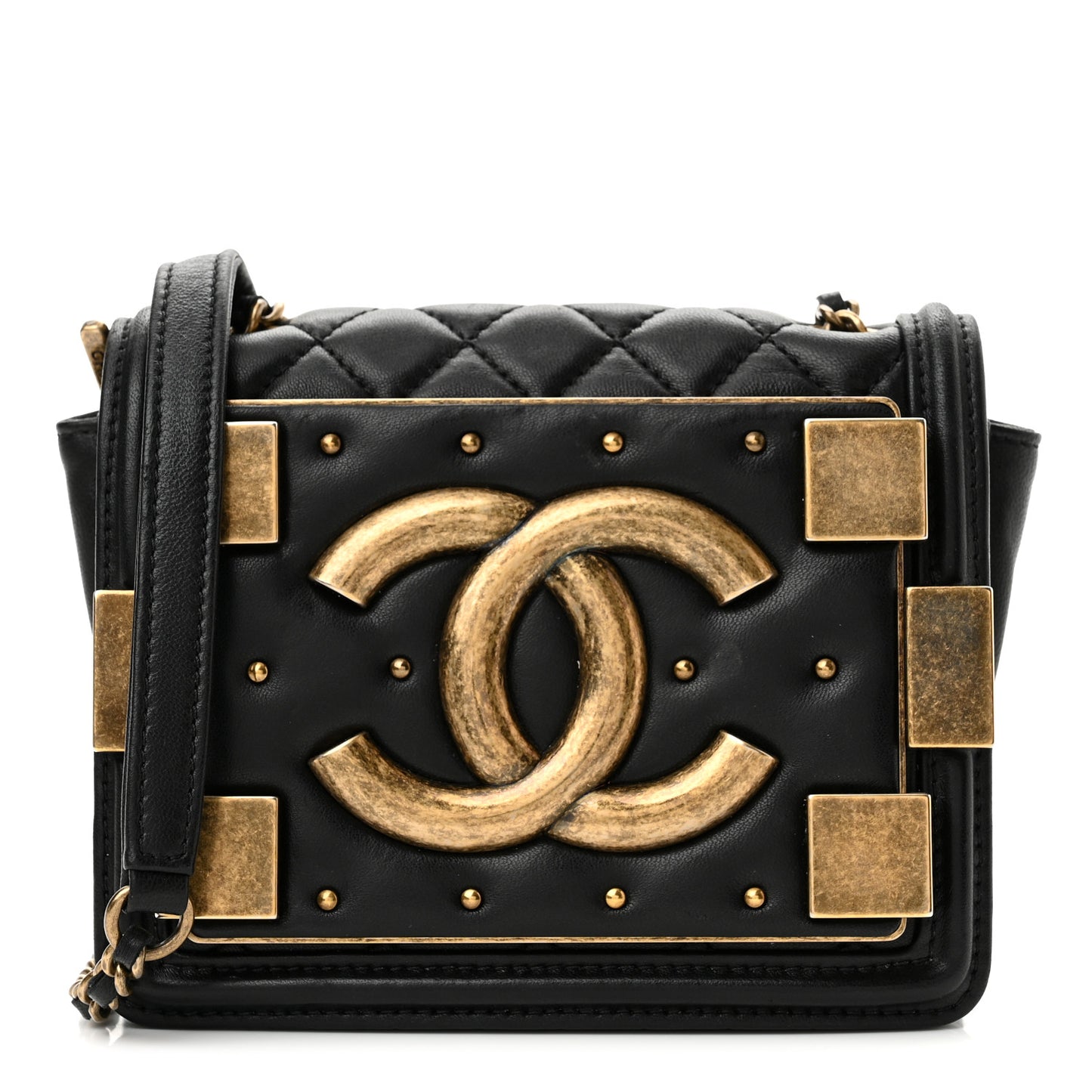 Lambskin Quilted Boy Brick Studded Flap Black