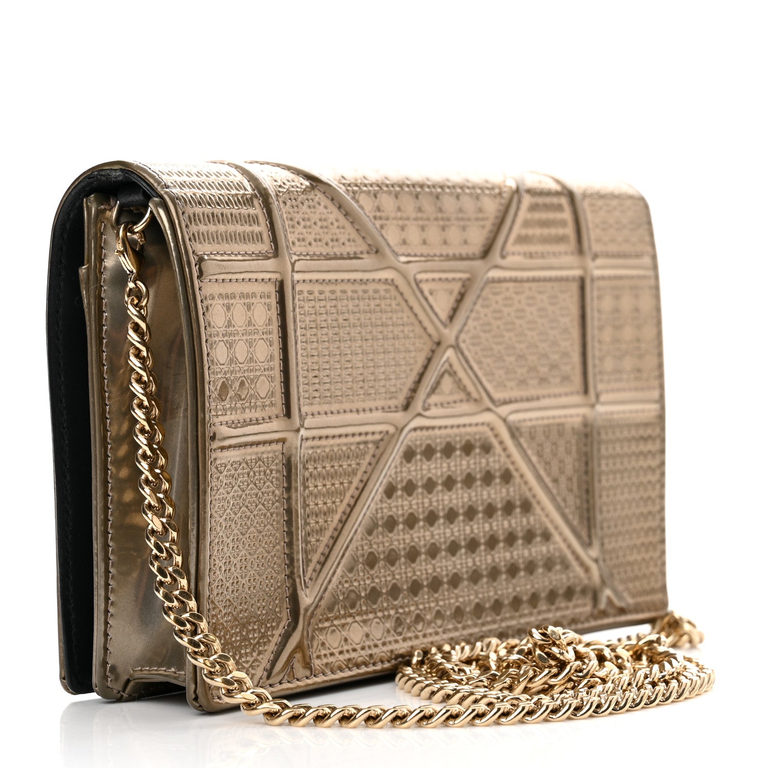 Christian Dior Metallic Patent Micro-Cannage Diorama Wallet on Chain Pouch Gold 3 of 10