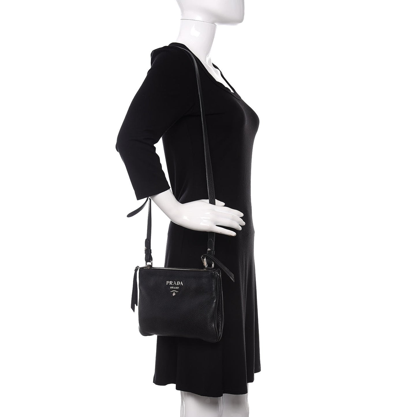Vitello Daino Double Zip Crossbody Bag Black