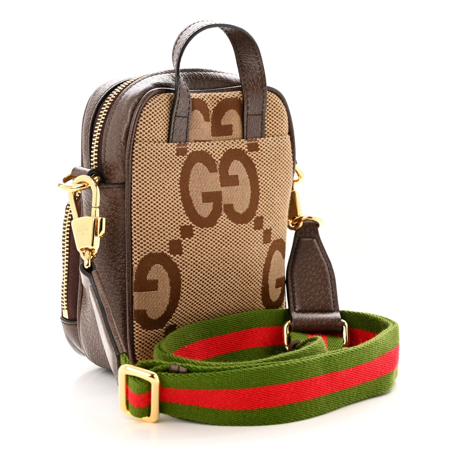 Gucci Monogram Jumbo GG Textured Dollar Calfskin Web Shoulder Bag Camel Ebony New Acero 3 of 10
