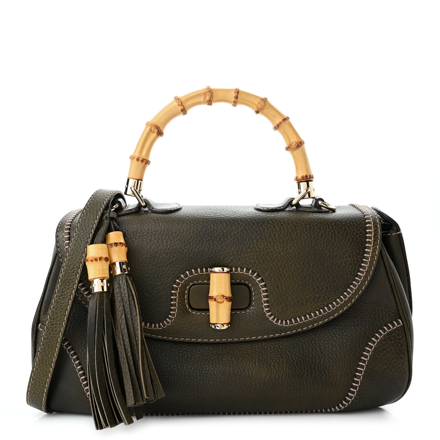 Calfskin Large New Bamboo Top Handle Bag Olive Green