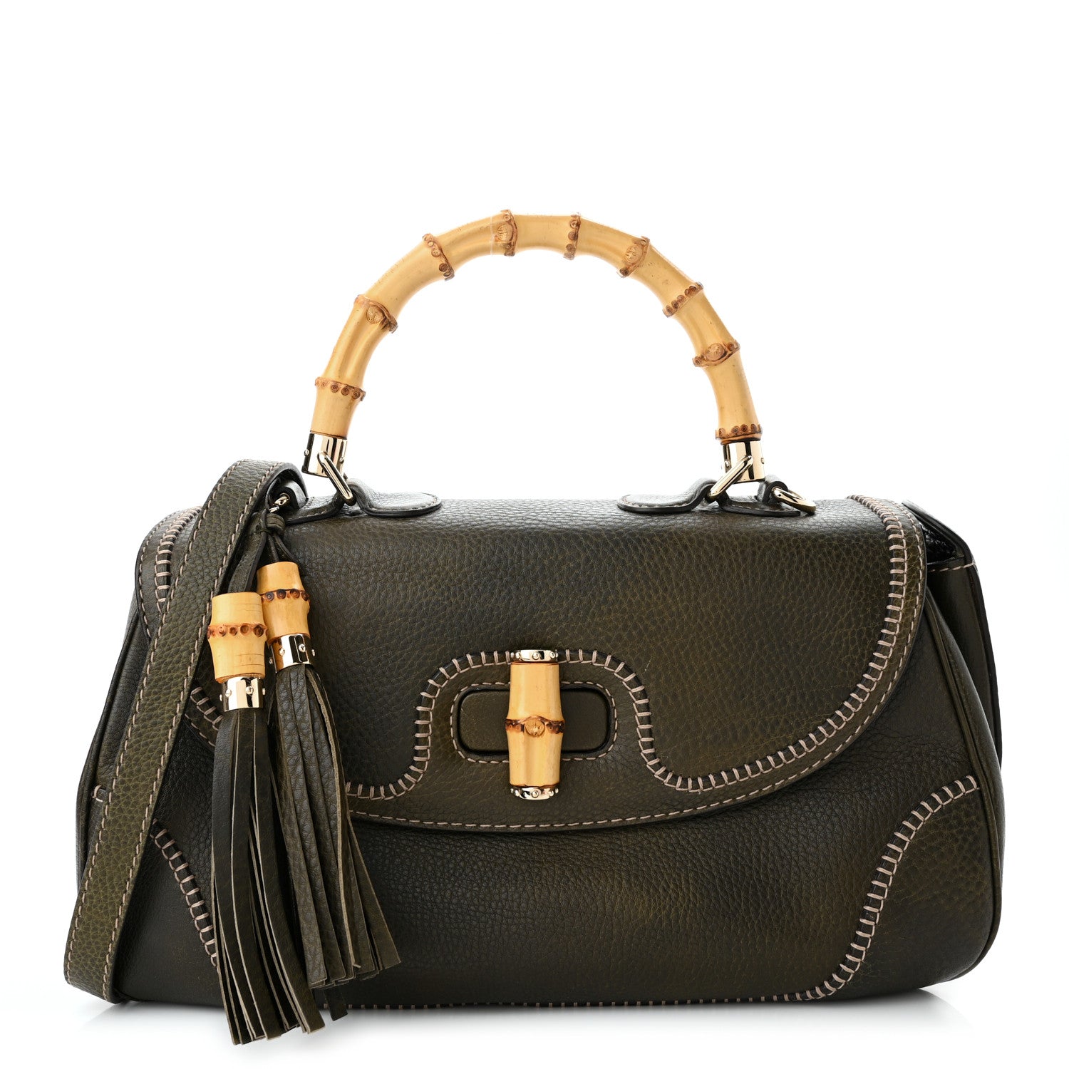 Gucci Calfskin Large New Bamboo Top Handle Bag Olive Green 1 of 11