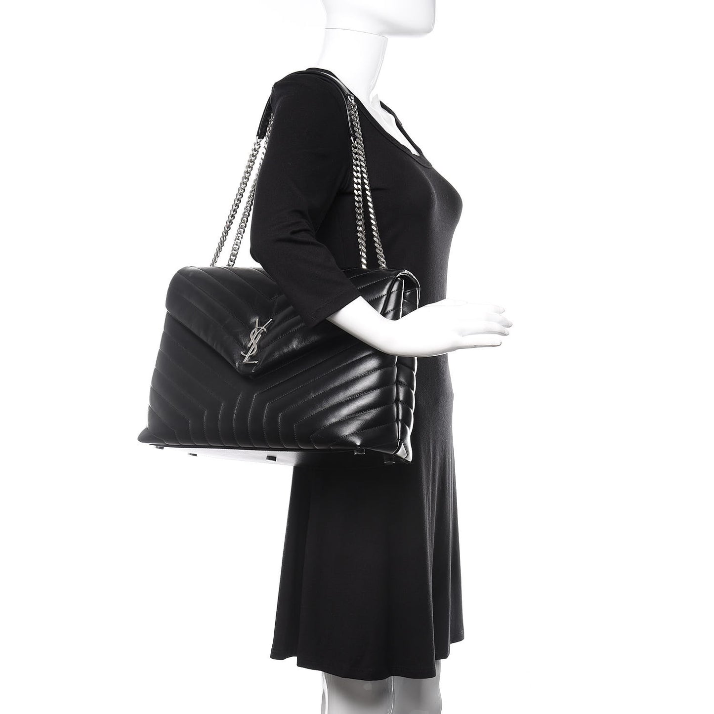 Calfskin Y Quilted Monogram Large Loulou Chain Satchel Black