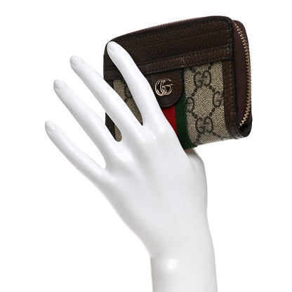 Gucci GG Supreme Monogram Textured Dollar Calfskin Web Ophidia Zip Around Card Case Wallet Beige Ebony New Acero 2 of 8