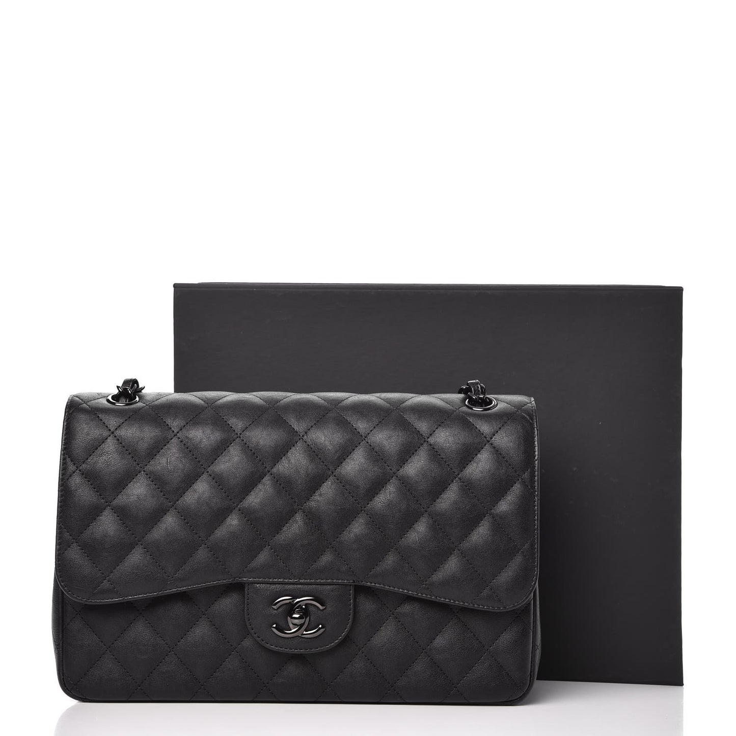 Crumpled Calfskin Quilted Jumbo Double Flap So Black