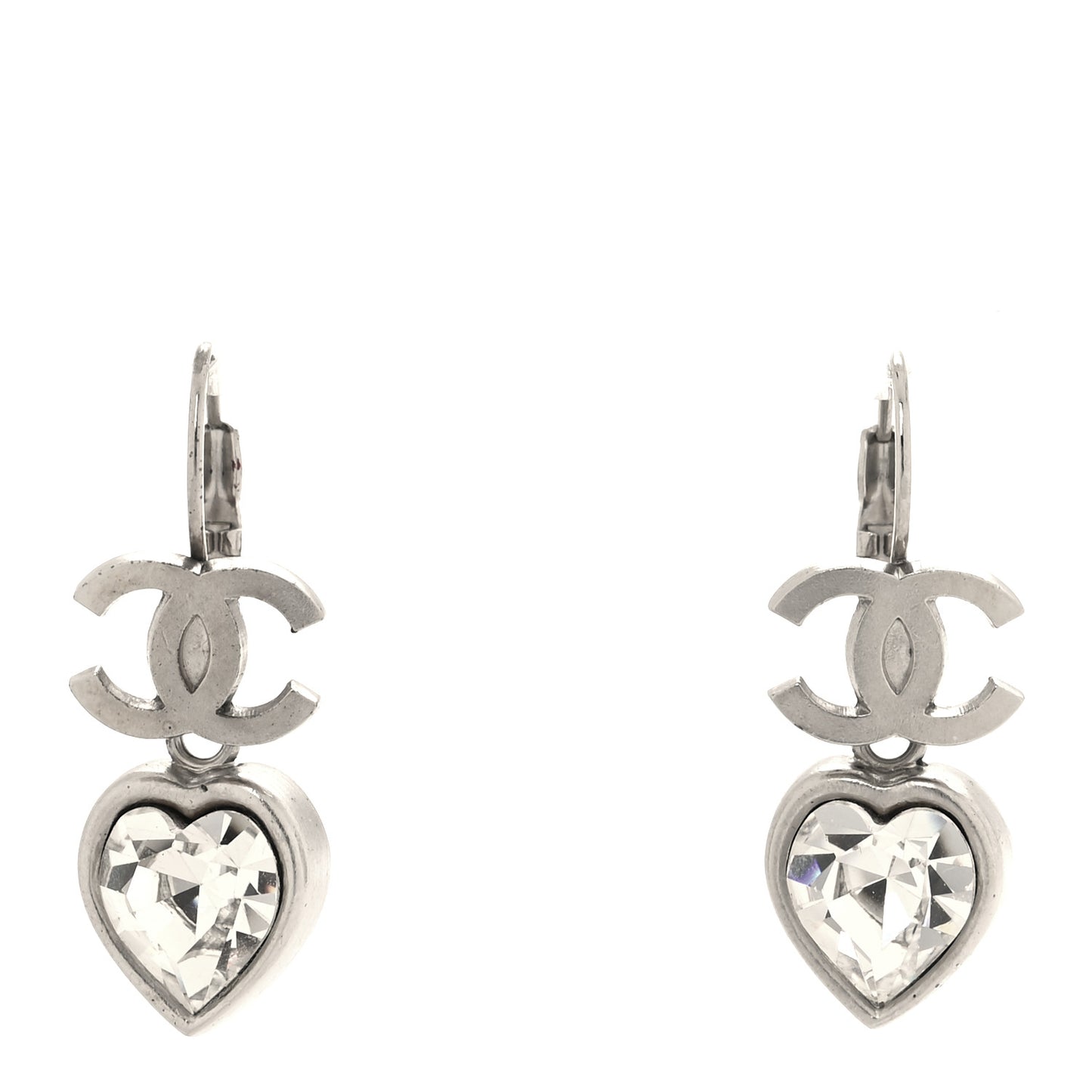 Crystal Heart CC Drop Earrings Silver