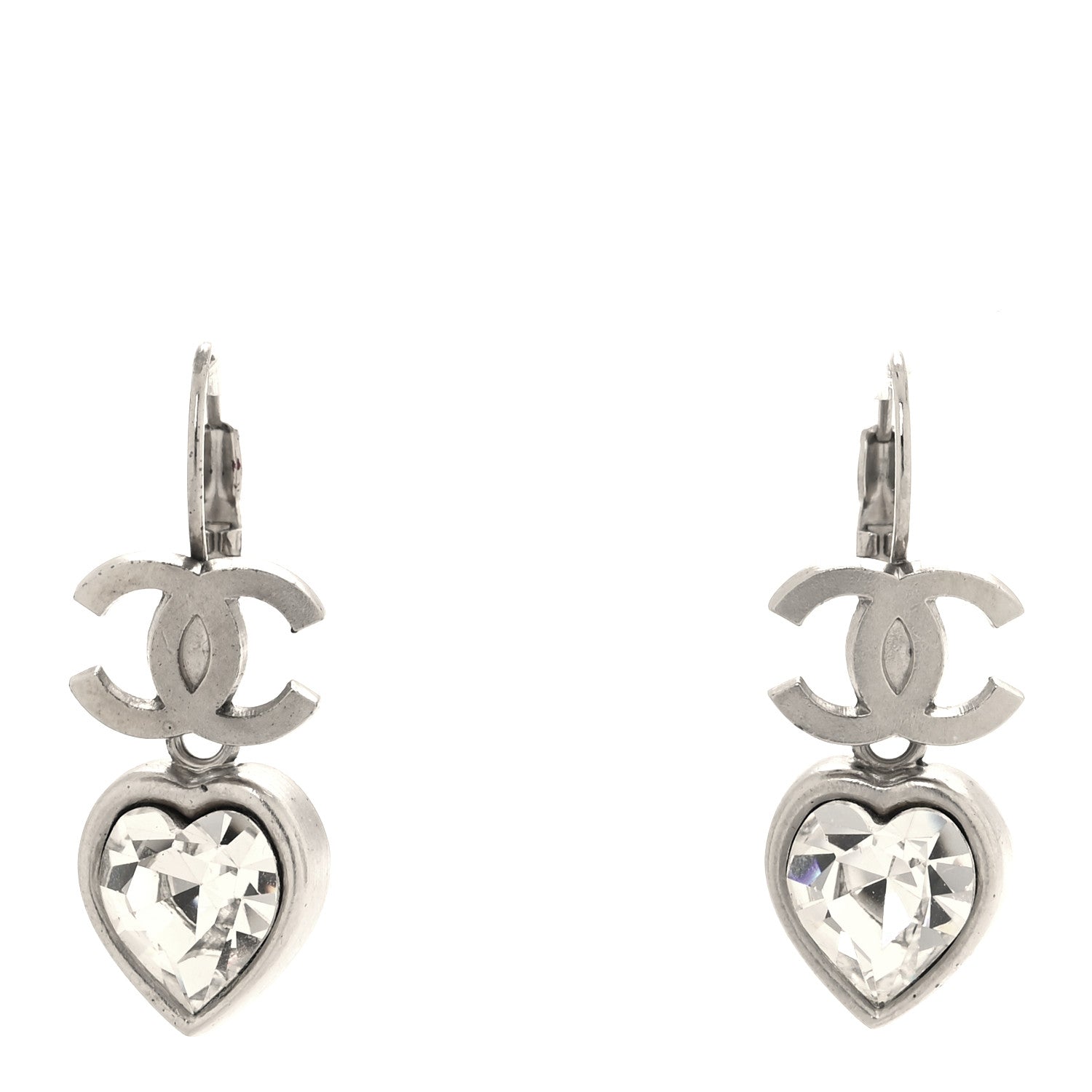 Chanel Crystal Heart CC Drop Earrings Silver 1 of 4