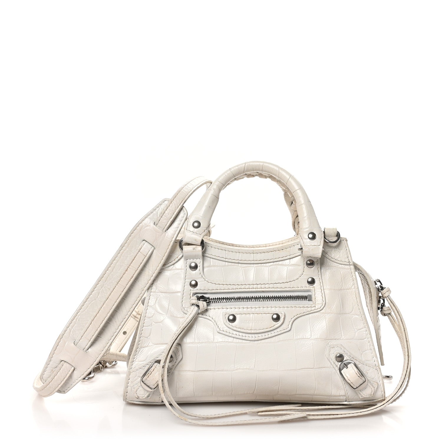 Balenciaga Semi Shiny Calfskin Crocodile Embossed Neo Classic Silver Hardware Mini City White 1 of 12
