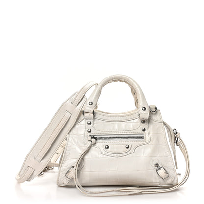 Balenciaga Semi Shiny Calfskin Crocodile Embossed Neo Classic Silver Hardware Mini City White 1 of 12