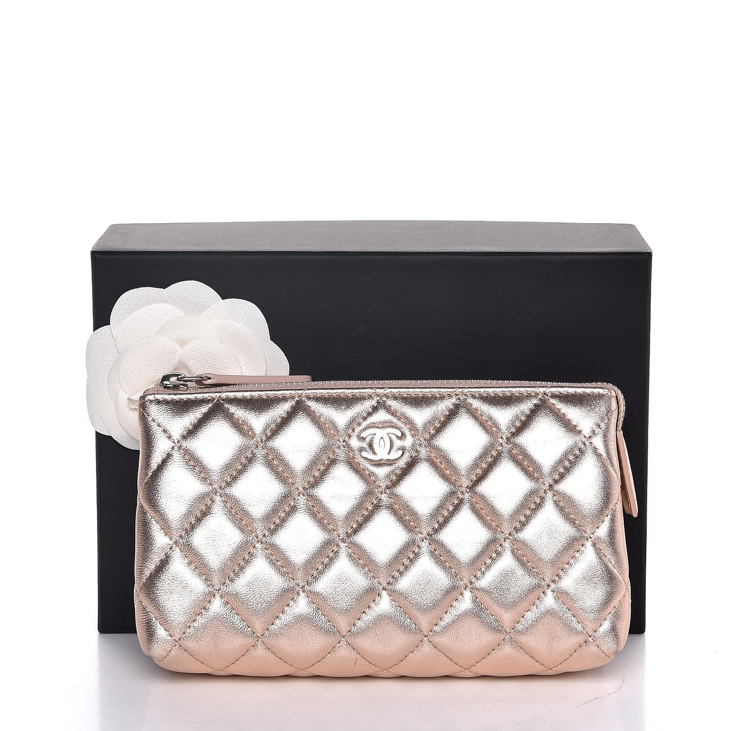 Metallic Lambskin Quilted Cosmetic Pouch Light Gold