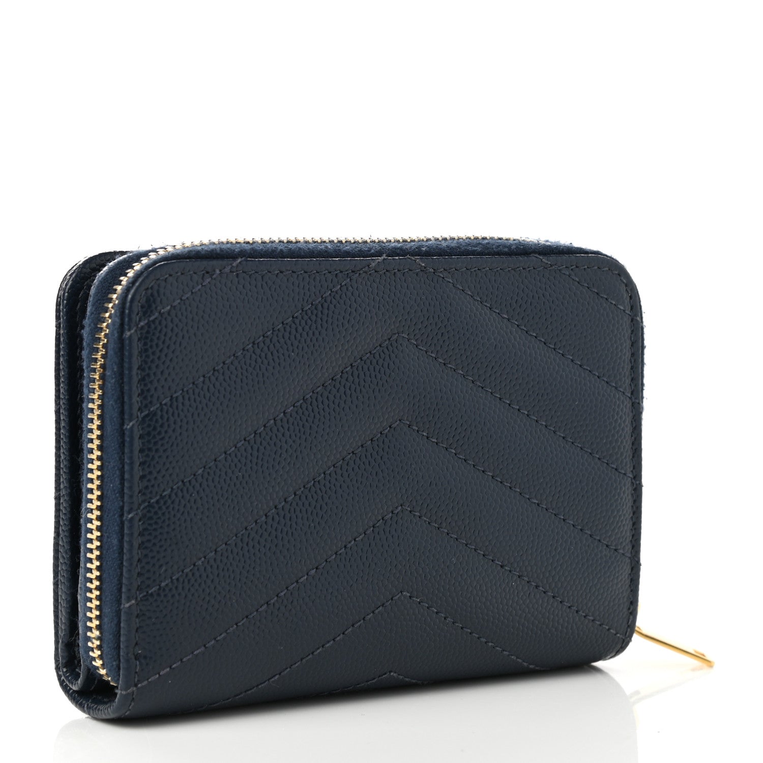 Saint Laurent Grain De Poudre Matelasse Chevron Monogram Compact Zip Around Wallet Deep Marine 2 of 6