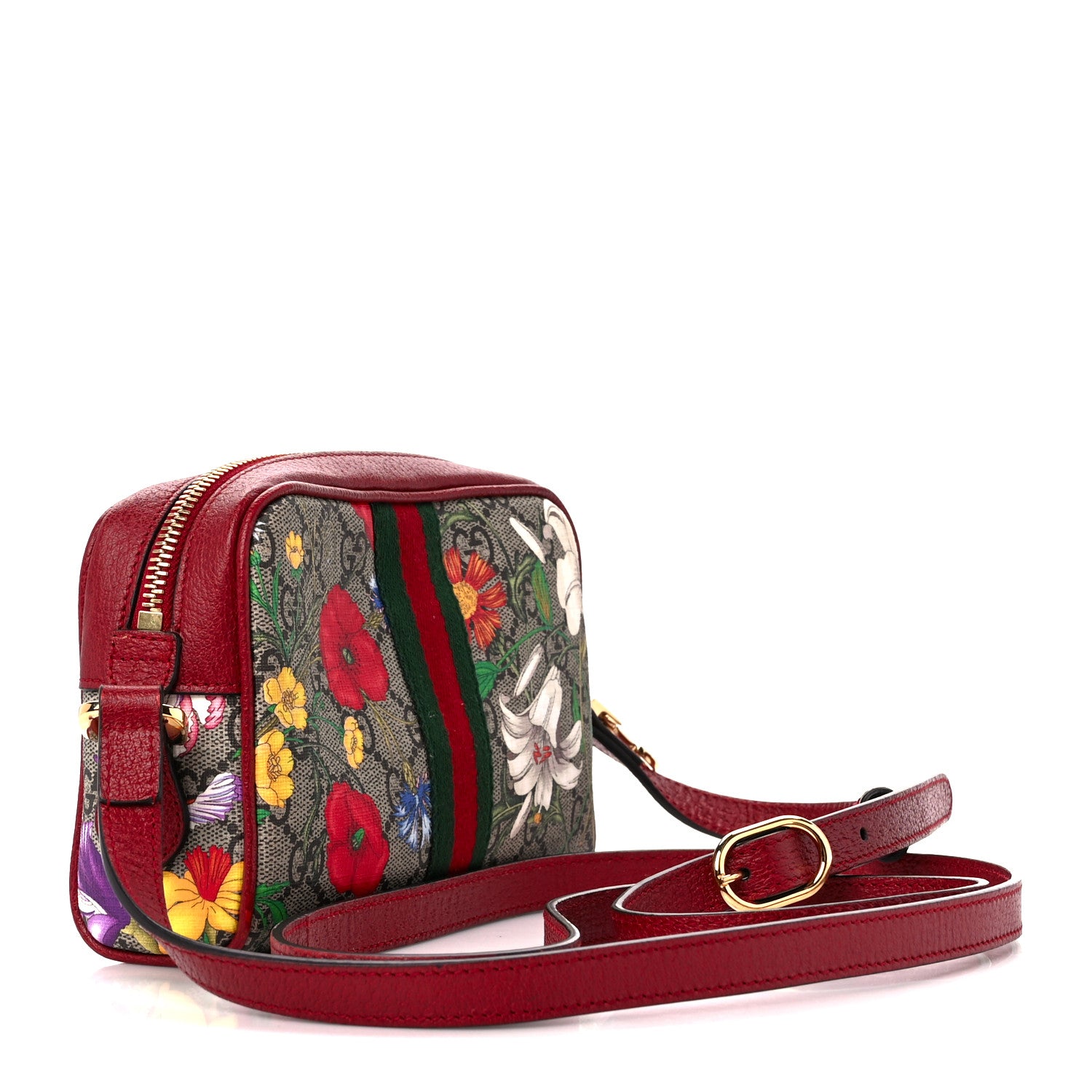 Gucci GG Supreme Monogram Flora Web Mini Ophidia Shoulder Bag Red 3 of 11