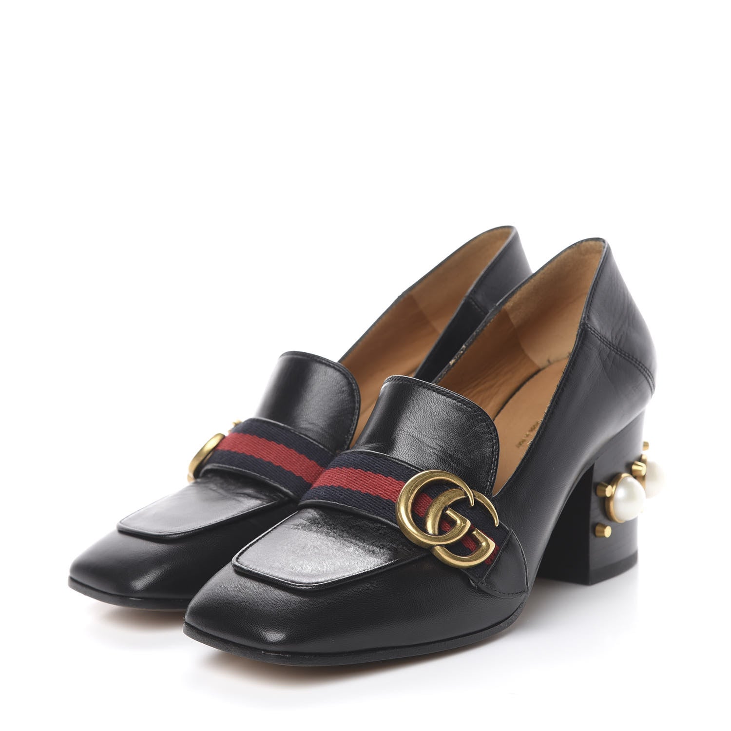 Gucci Malaga Kid Web Pearl Embellished Peyton 75mm Loafer Pumps 36.5 Black 3 of 12