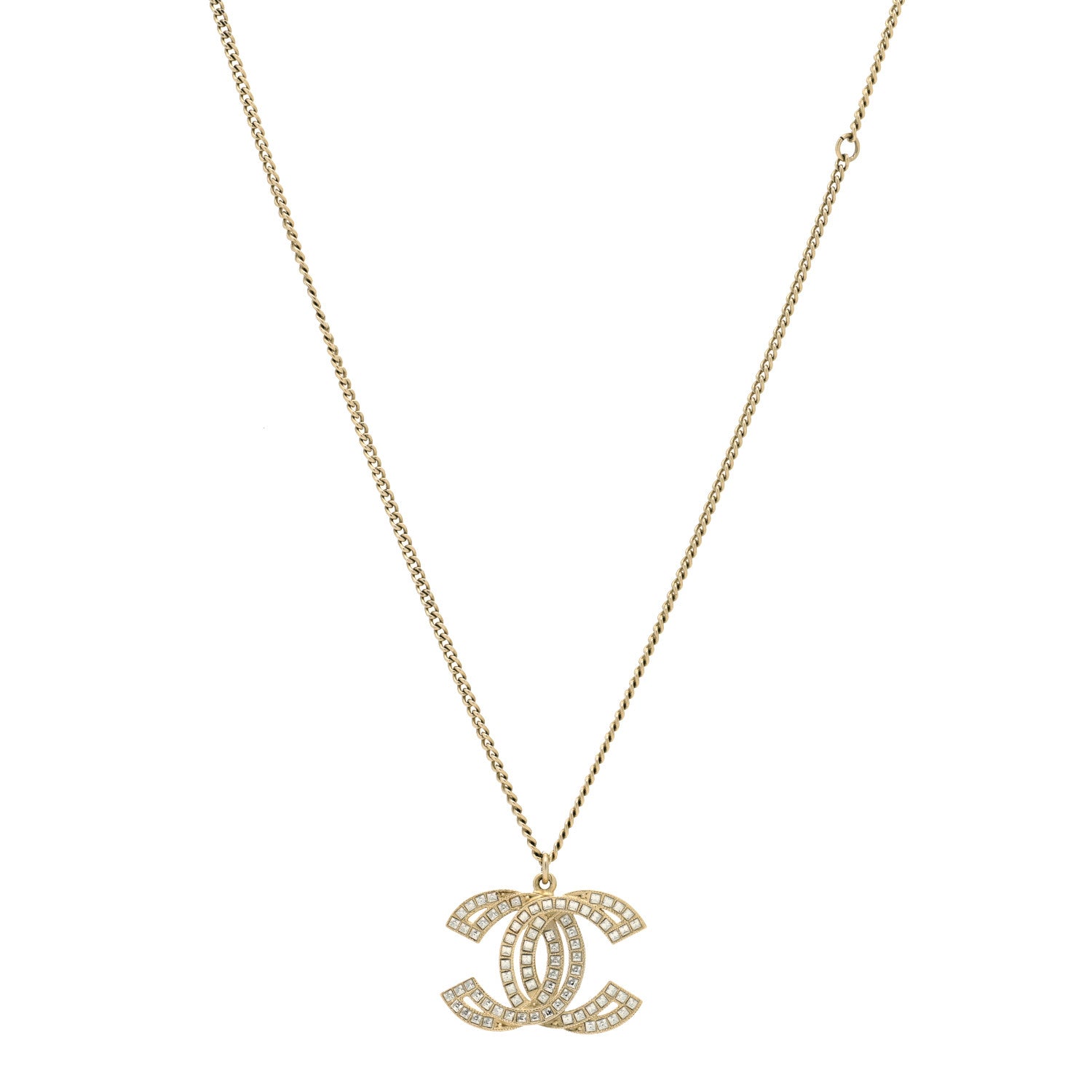 Chanel Metal Crystal Baguette CC Pendant Necklace Gold 1 of 5