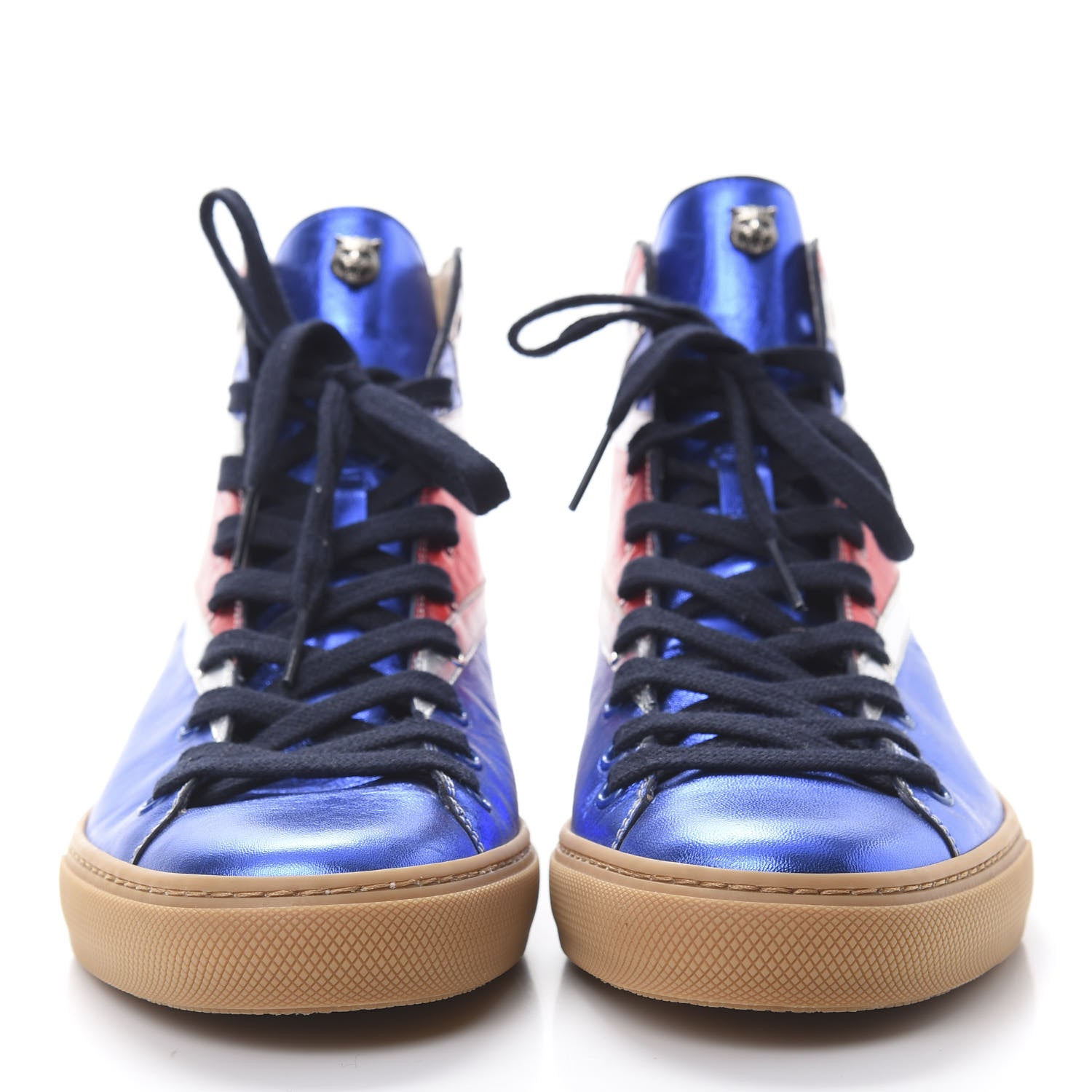 Gucci Metallic Calfskin Union Jack Mens High Top Sneakers 8.5 Red Silver Blue 2 of 7