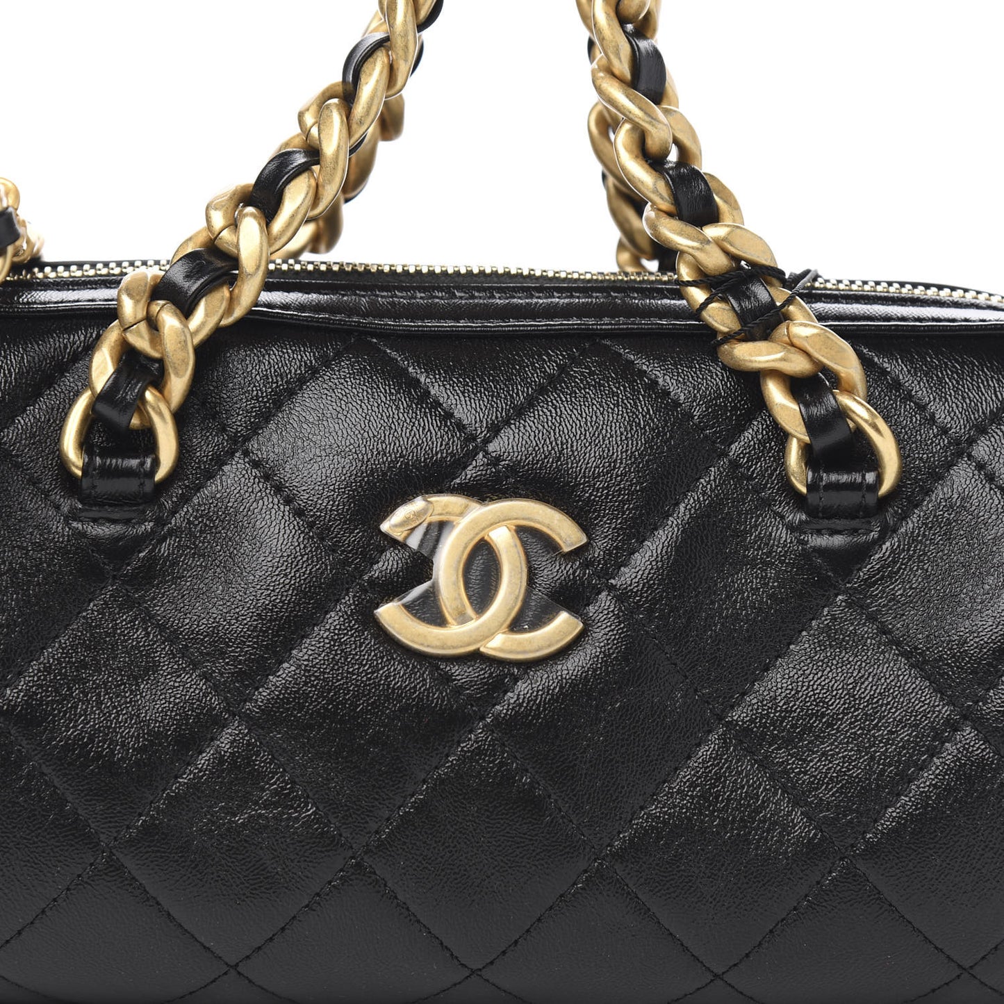 Shiny Lambskin Quilted Small Fashion Therapy Bowling Bag Black