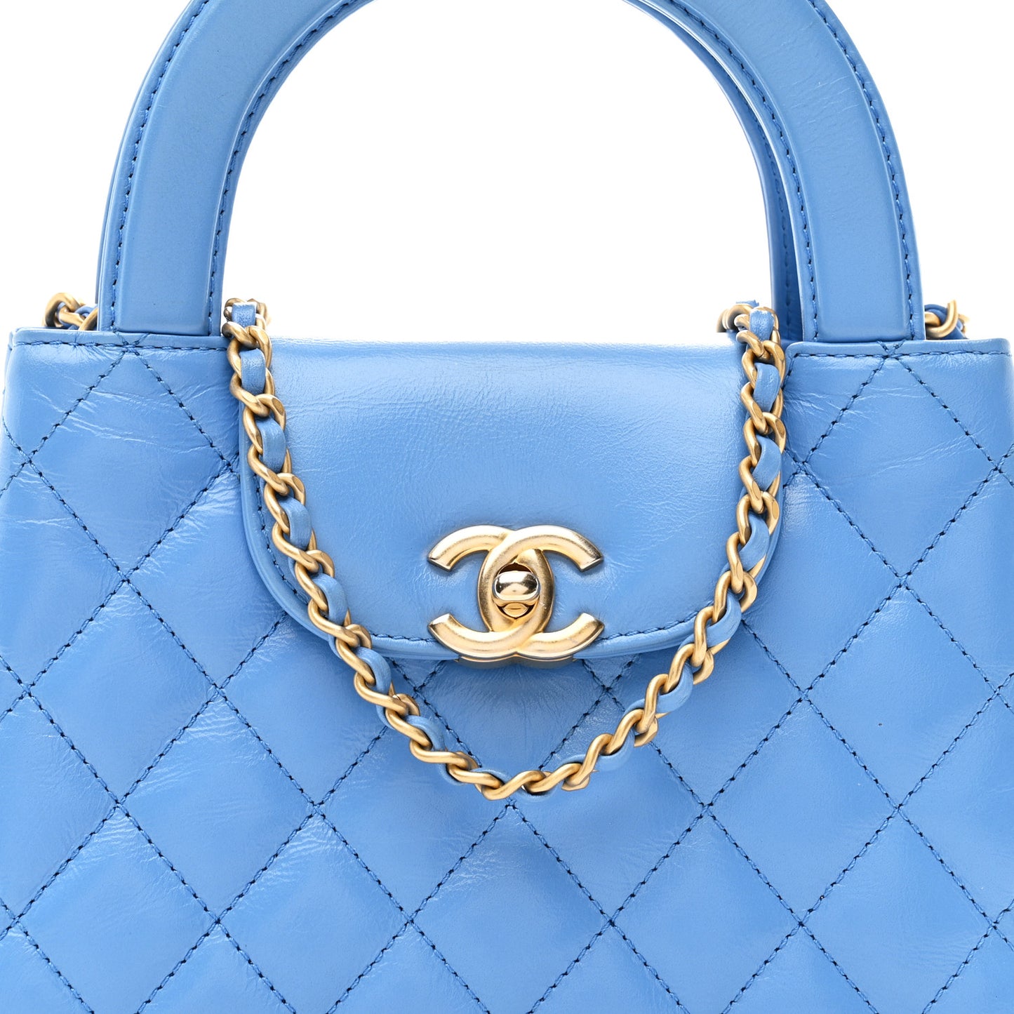Shiny Aged Calfskin Quilted Nano Kelly Shopper Blue