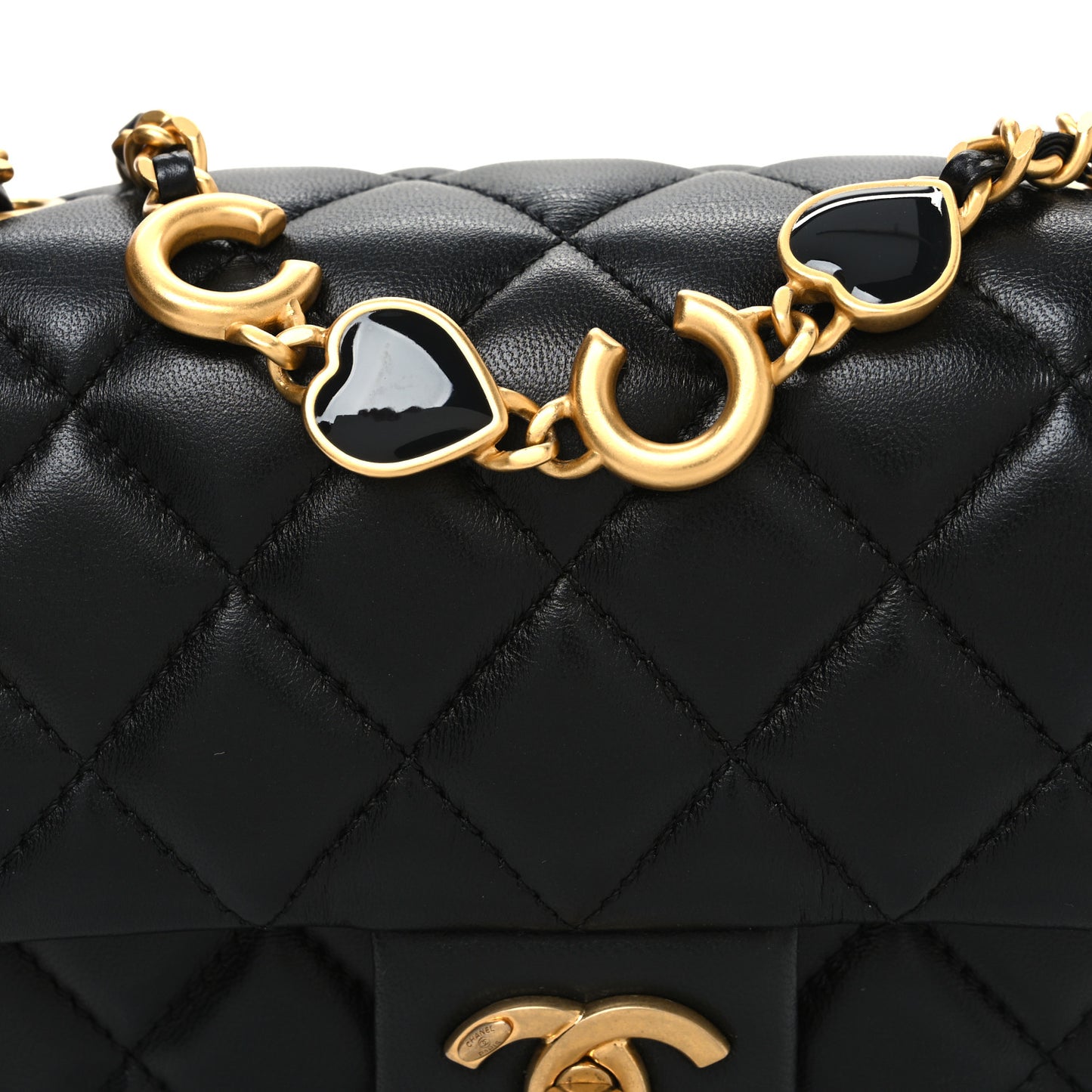 Lambskin Enamel Quilted Mini Coco Hearts Square Flap Black
