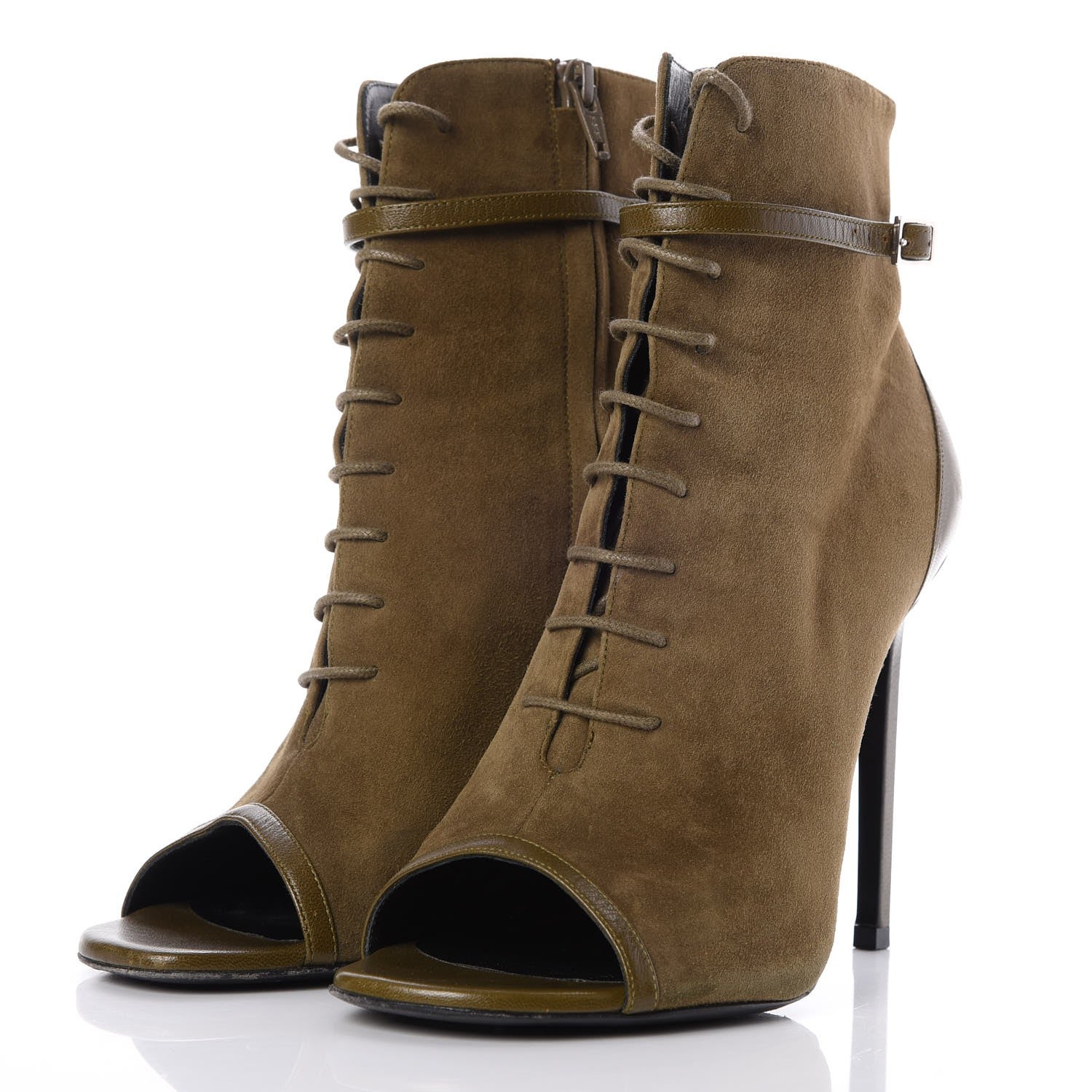 Saint Laurent Suede Peep Toe Ankle Boots 40 Green 3 of 11