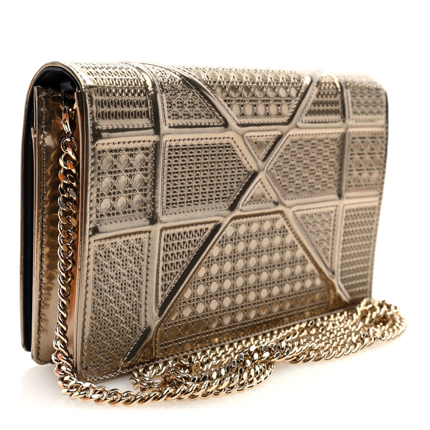 Metallic Patent Micro-Cannage Diorama Wallet on Chain Pouch Gold