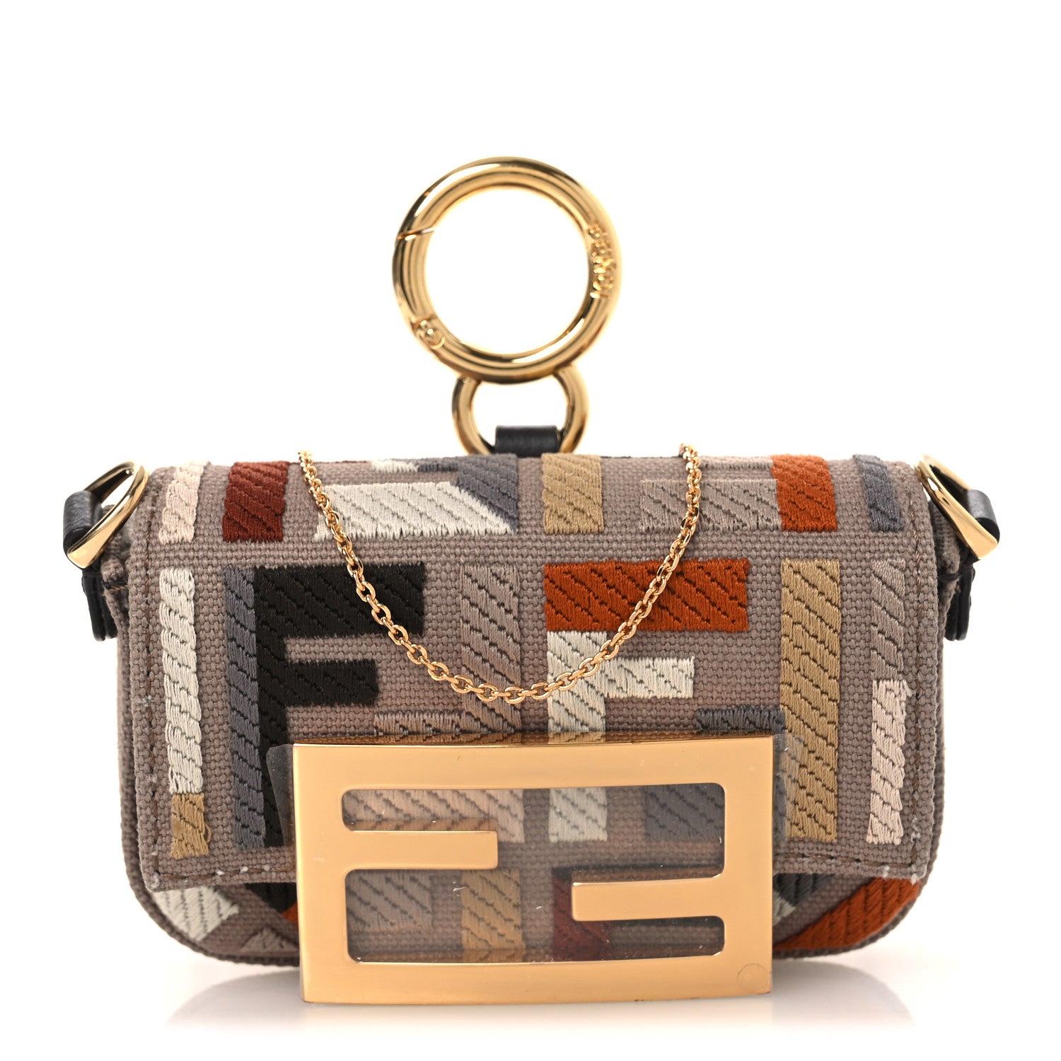 Fendi Canvas Vitello King FF Embroidered Nano Maxi Buckle Baguette Charm Tartufo Ebano 1 of 10