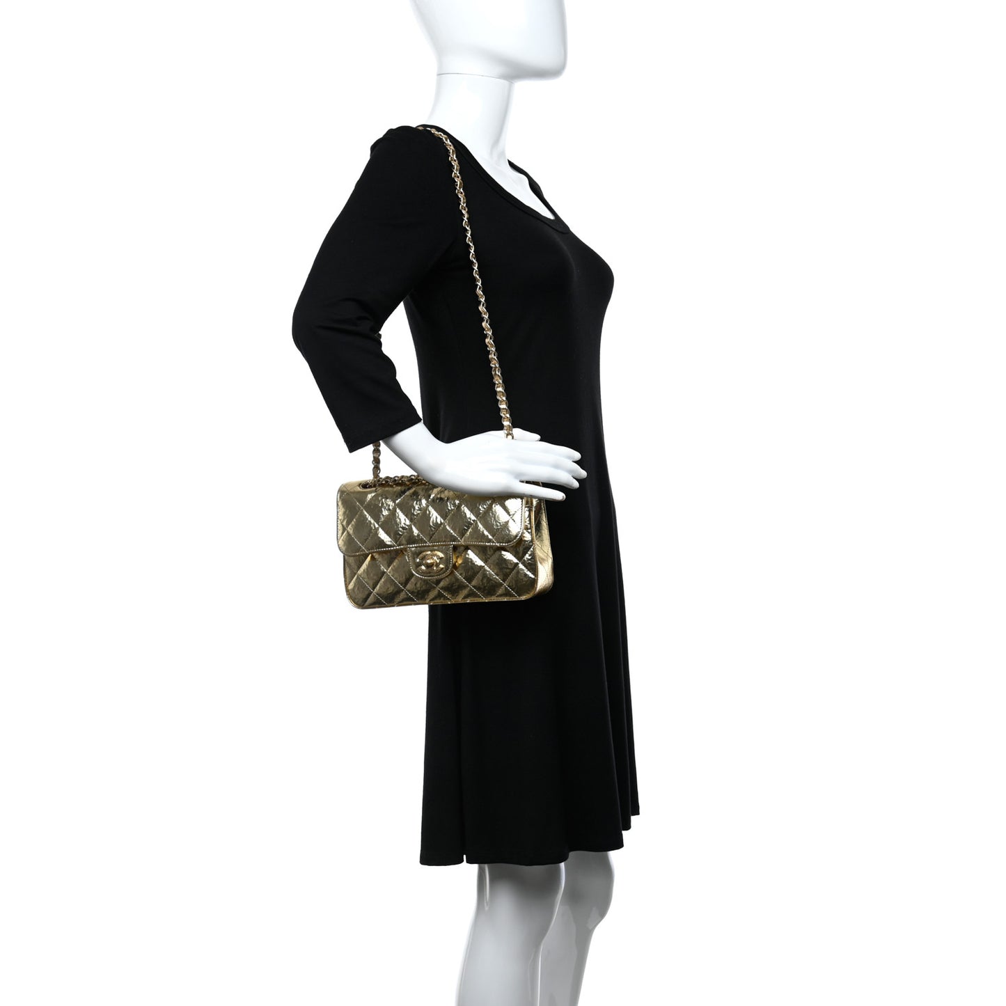 Hammered Metallic Calfskin Quilted Small Double Flap Gold