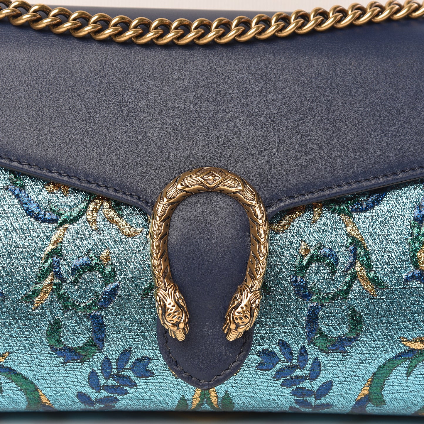 Metallic Brocade Calfskin Mini Dionysus Chain Wallet Black Blue Azure