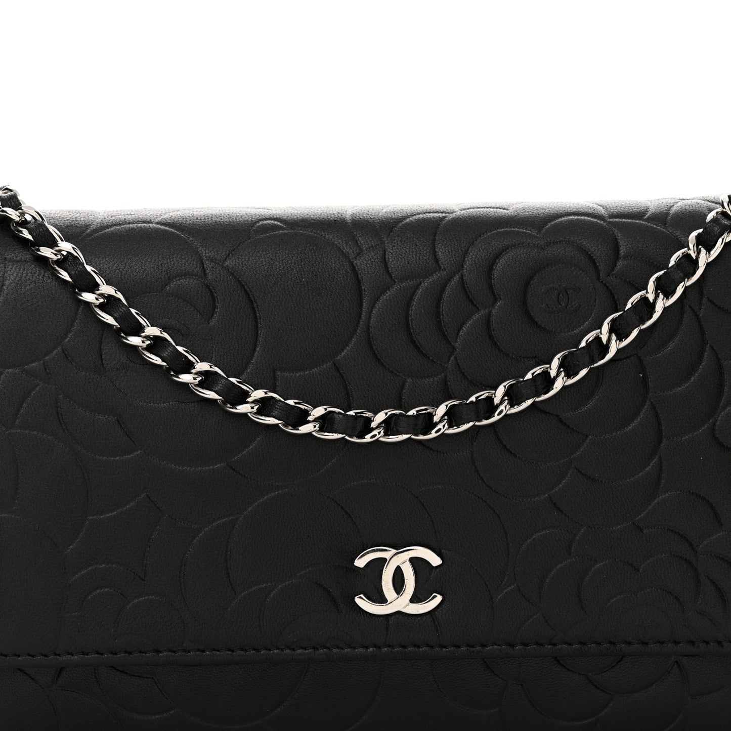 Lambskin Camellia Embossed Wallet on Chain WOC Black