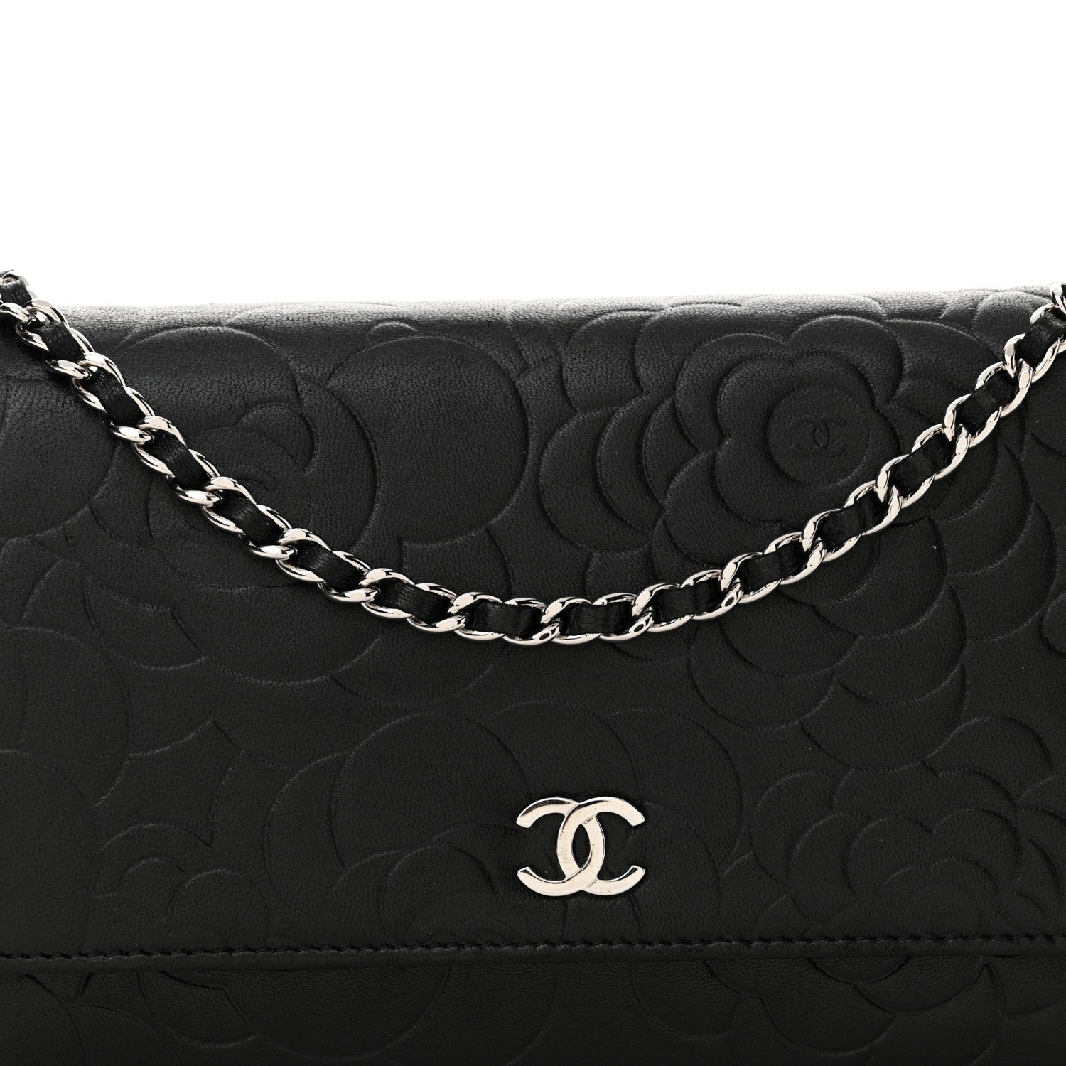 Chanel Lambskin Camellia Embossed Wallet on Chain WOC Black 9 of 15