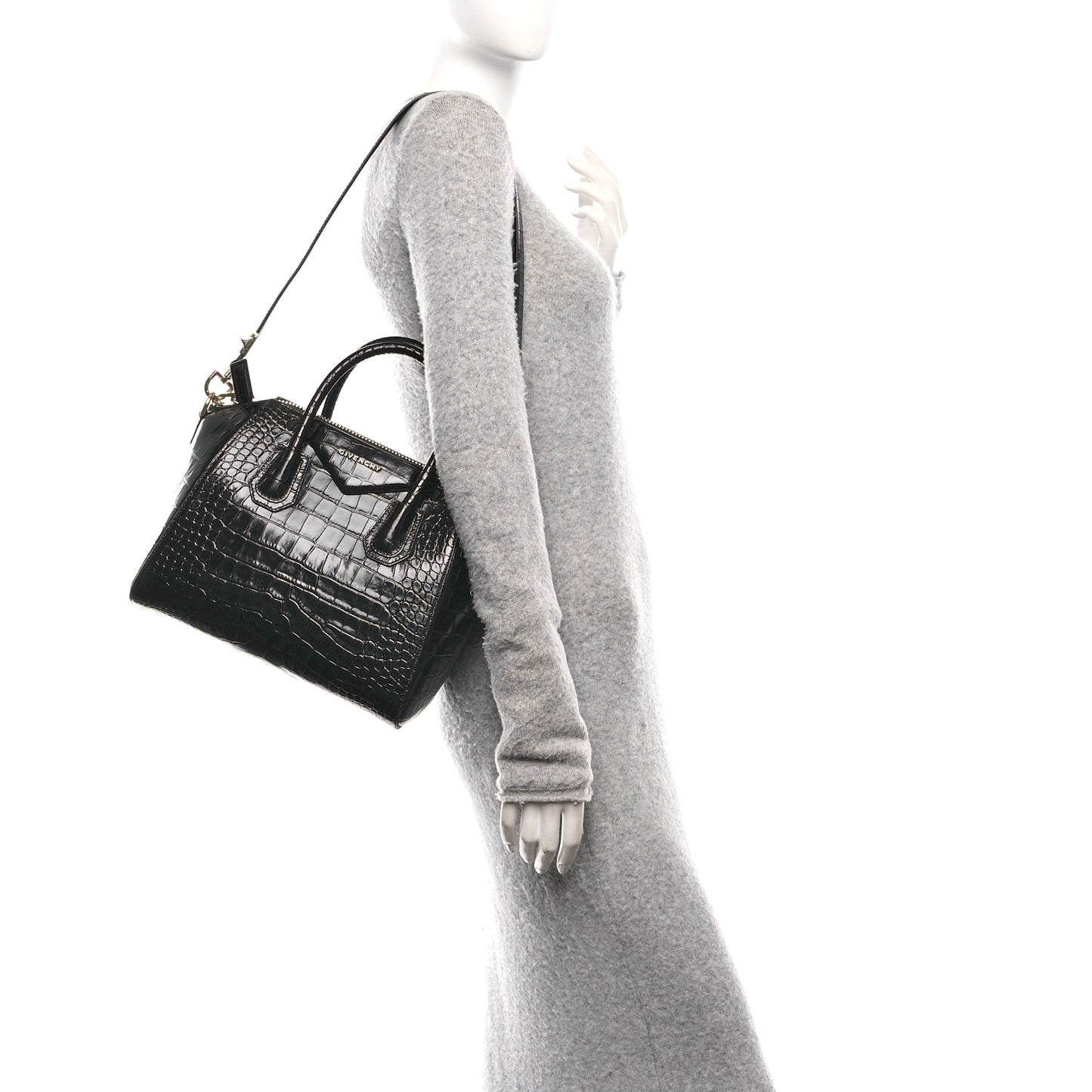 Calfskin Crocodile Embossed Small Antigona Black