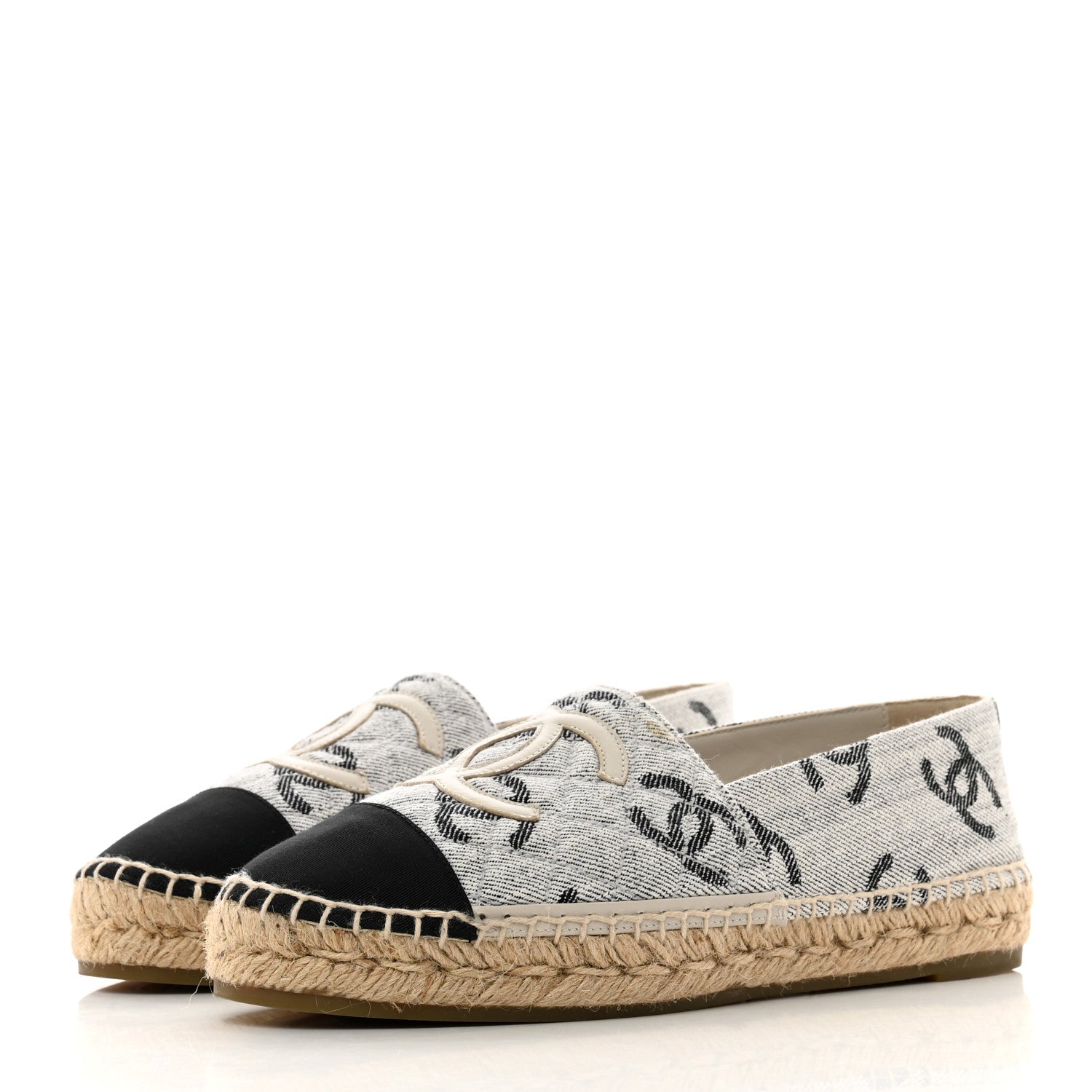 Chanel Cotton Jacquard Grosgrain CC Print Espadrilles 38 Grey Black 3 of 8