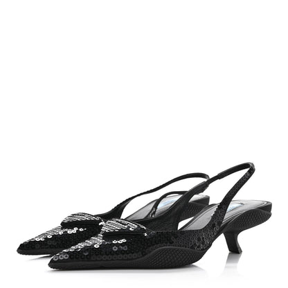Prada Paillettes Logo Pointed Toe Slingback 45mm Pumps 37.5 Black 3 of 9