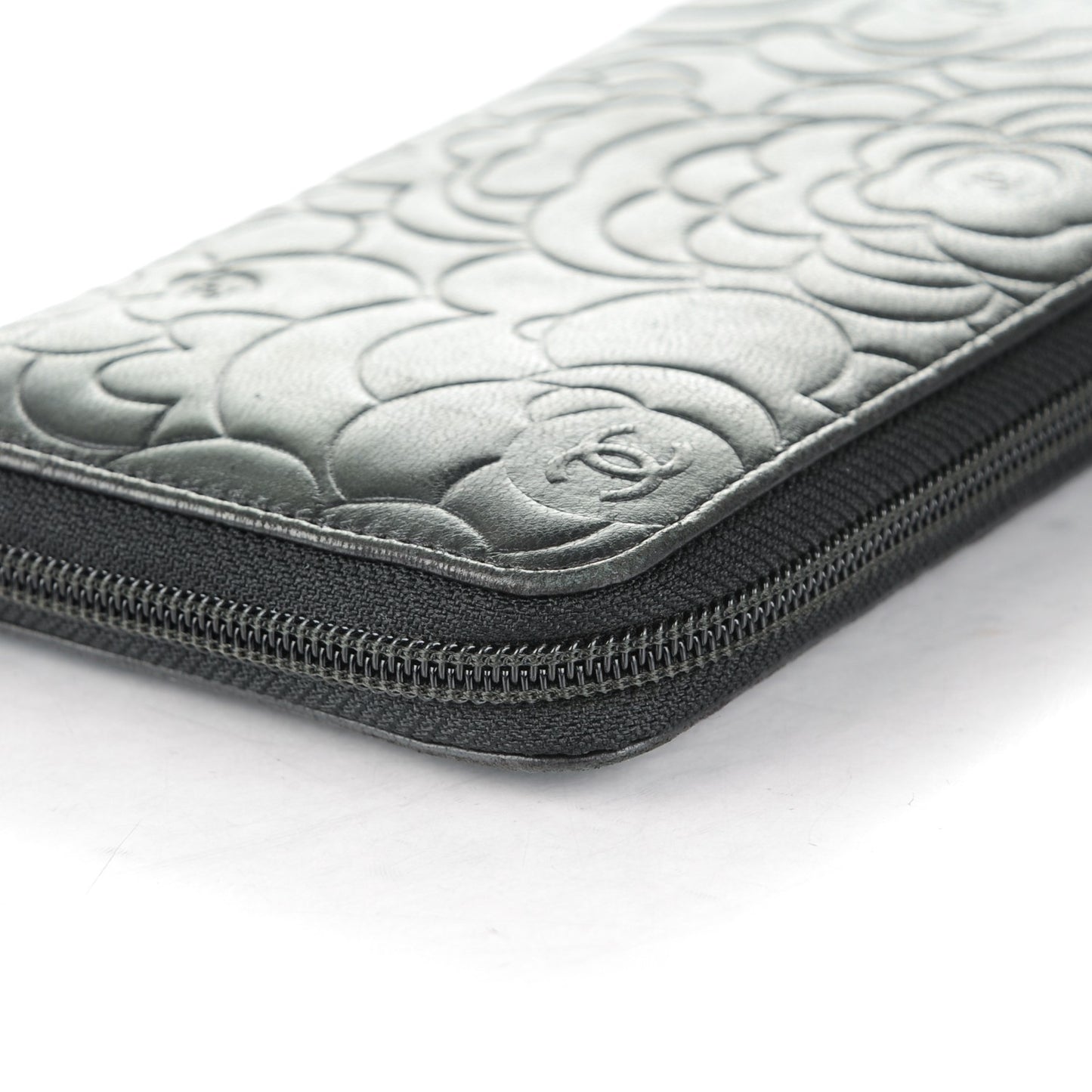 Lambskin Camellia Embossed Large Zip Around Gusset Wallet Black