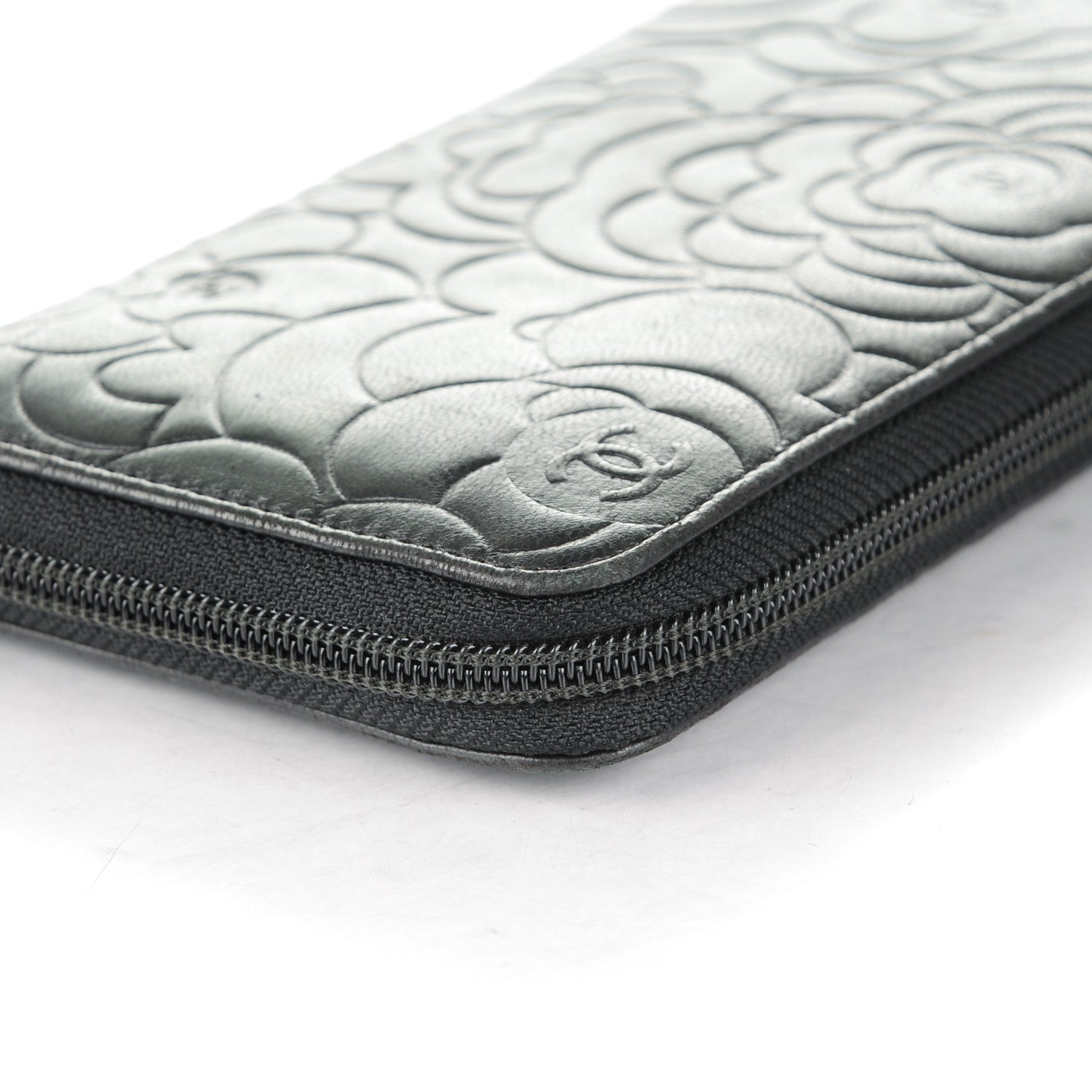 Chanel Lambskin Camellia Embossed Large Zip Around Gusset Wallet Black 13 of 13