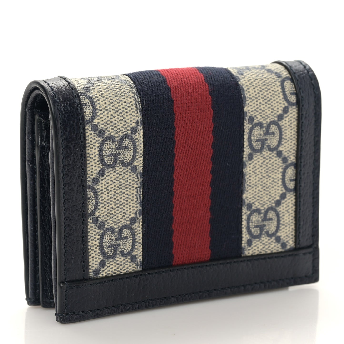 GG Supreme Monogram Textured Dollar Calfskin Web Ophidia Card Case Beige Blue