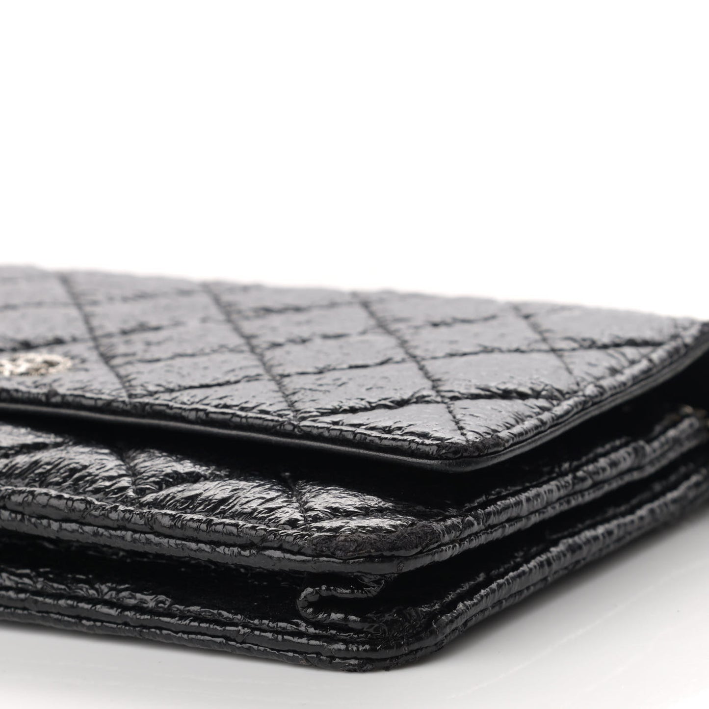 Distressed Patent Calfskin Quilted Wallet on Chain WOC Black